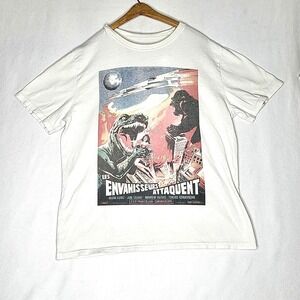 John Galt Graphic T Shirt Kaiju Godzilla King Kong Movie Print White Tee Large